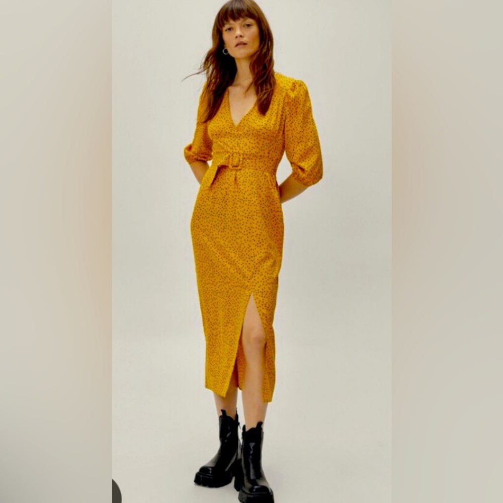 Nasty Gal Mustard Polka Dot Midi Dress, Size 8 NWT